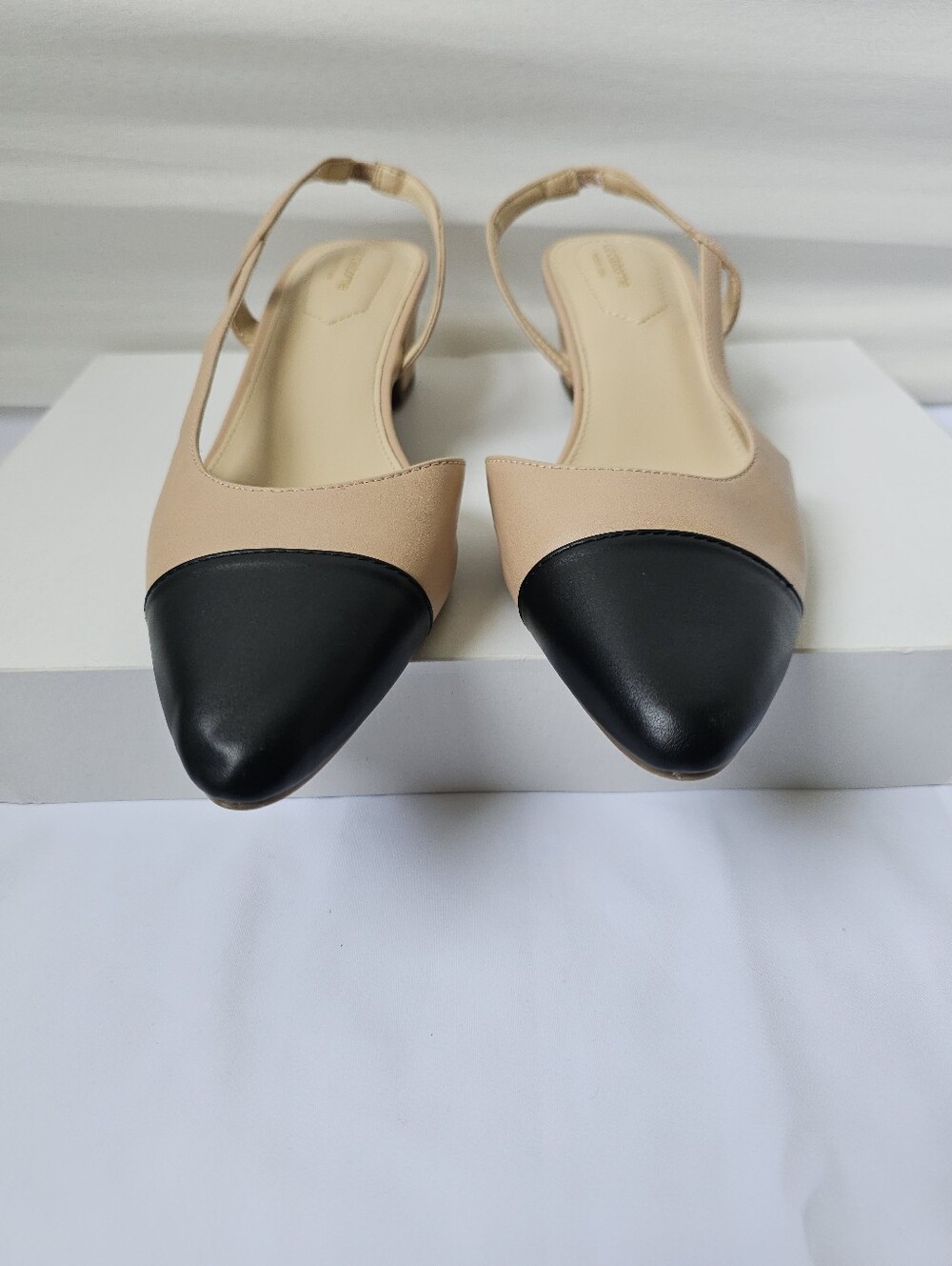 Two-Tone Slingback Pointed Toe Pumps in Beige and Black - Picture 2 of 16
